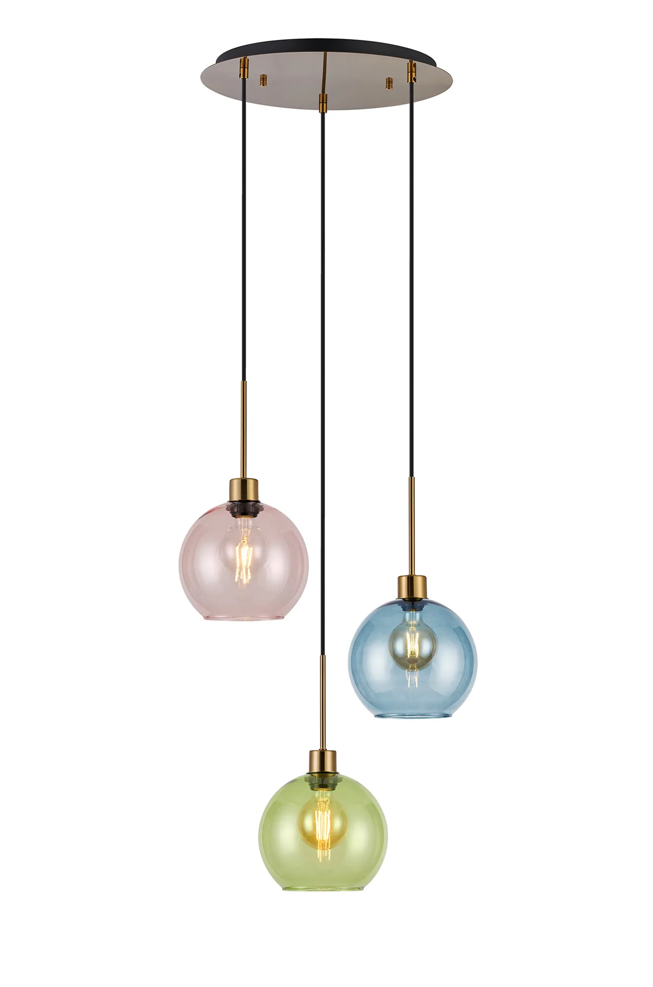 DK1182  Lori 40cm Round Pendant, 3 Light Adjustable E27, Antique Gold/Blue/Green/Pink Open Mouth Round Globe Shades